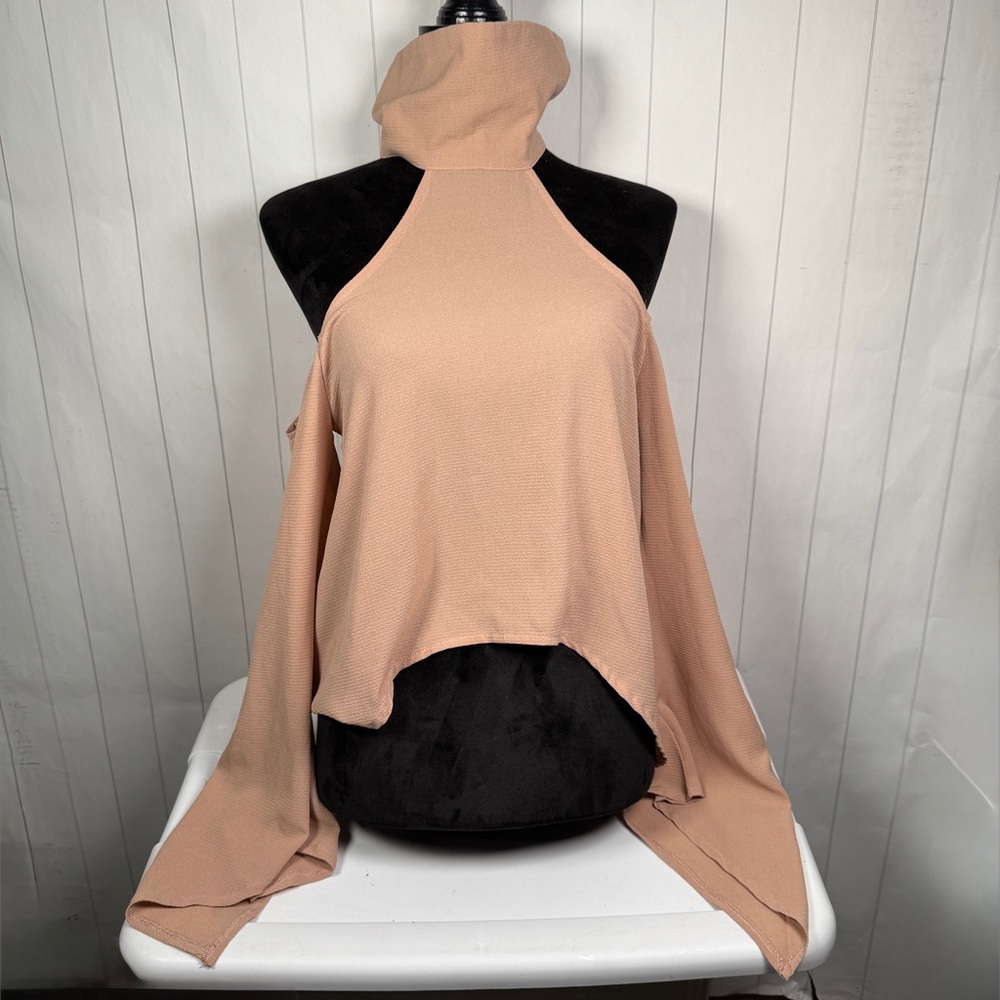 Luxxel Cowl Neck Cold Shoulder Thin Blouse Tan Long Drape Sleeve Going Out Top M